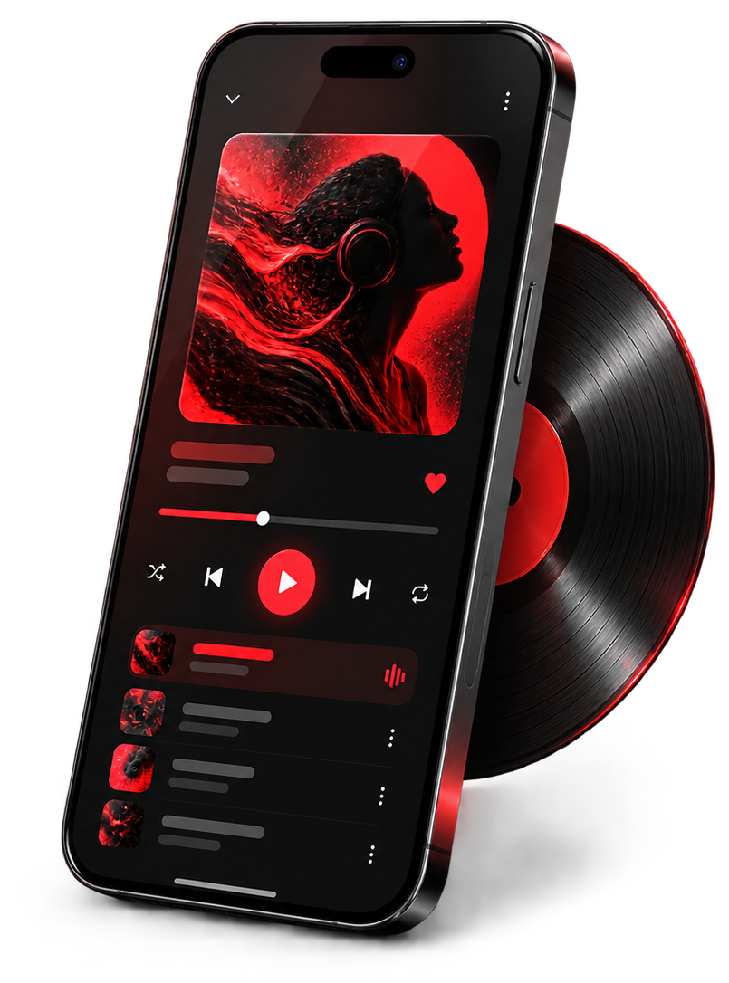 MYT Music player displayed on a smartphone beside a vinyl record
